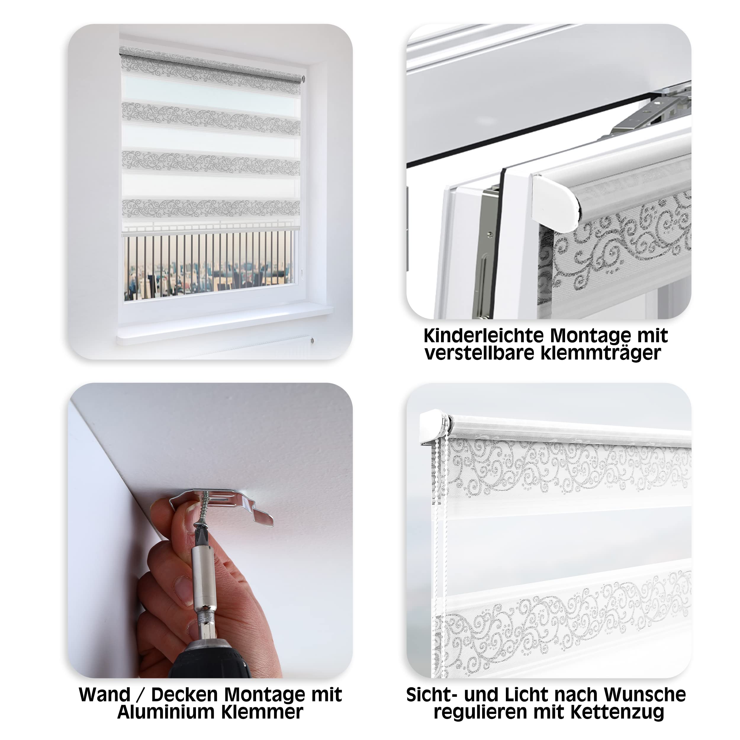 Brillant Doppelrollo Klemmfix 100x150 Weiß-Silber Ornament