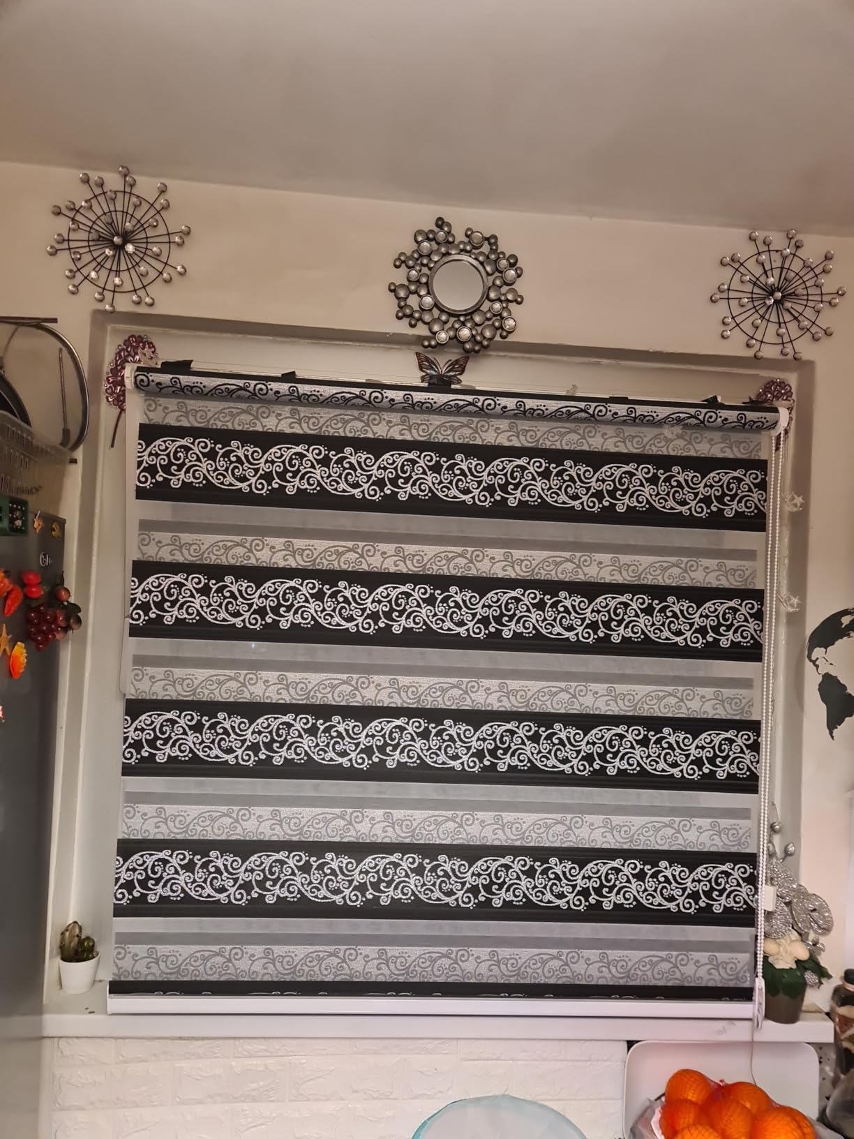 Brillant Doppelrollo Klemmfix 100x150 Weiß-Silber Ornament