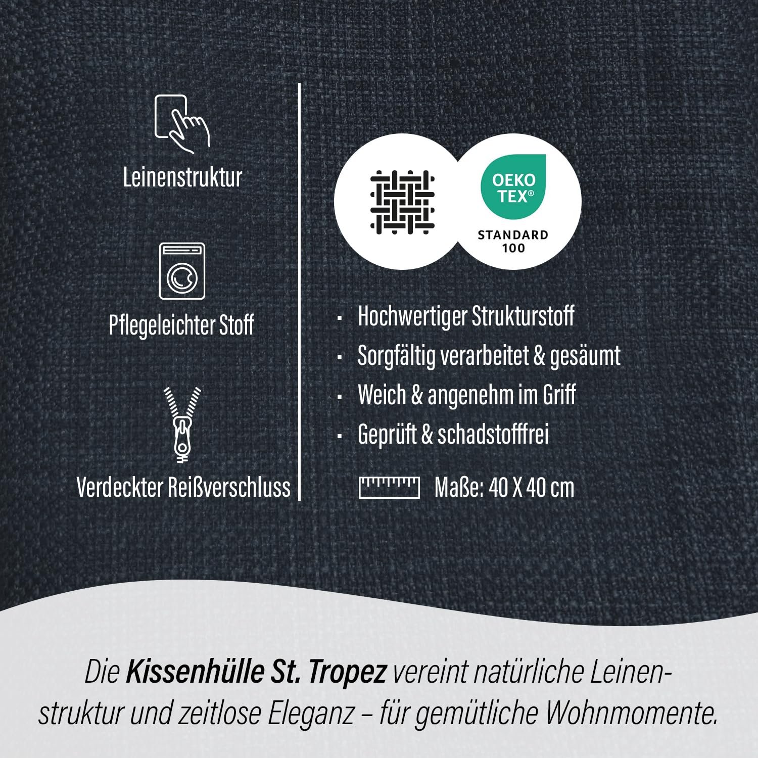 Homing St. Tropez Kissenhülle 40x40 dunkelblau Leinen-Optik