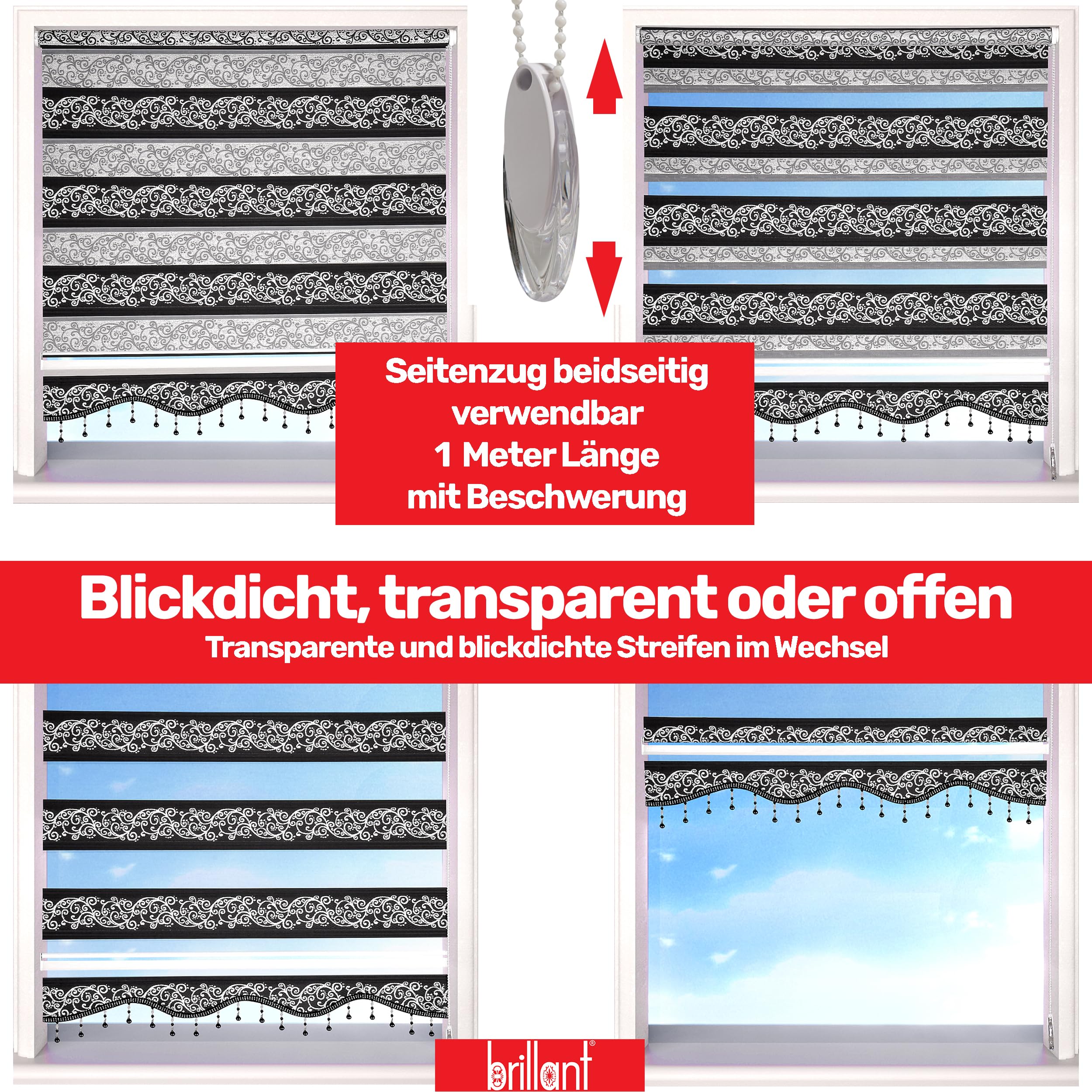 Brillant Doppelrollo Klemmfix 90x200 Schwarz-Silber blickdicht