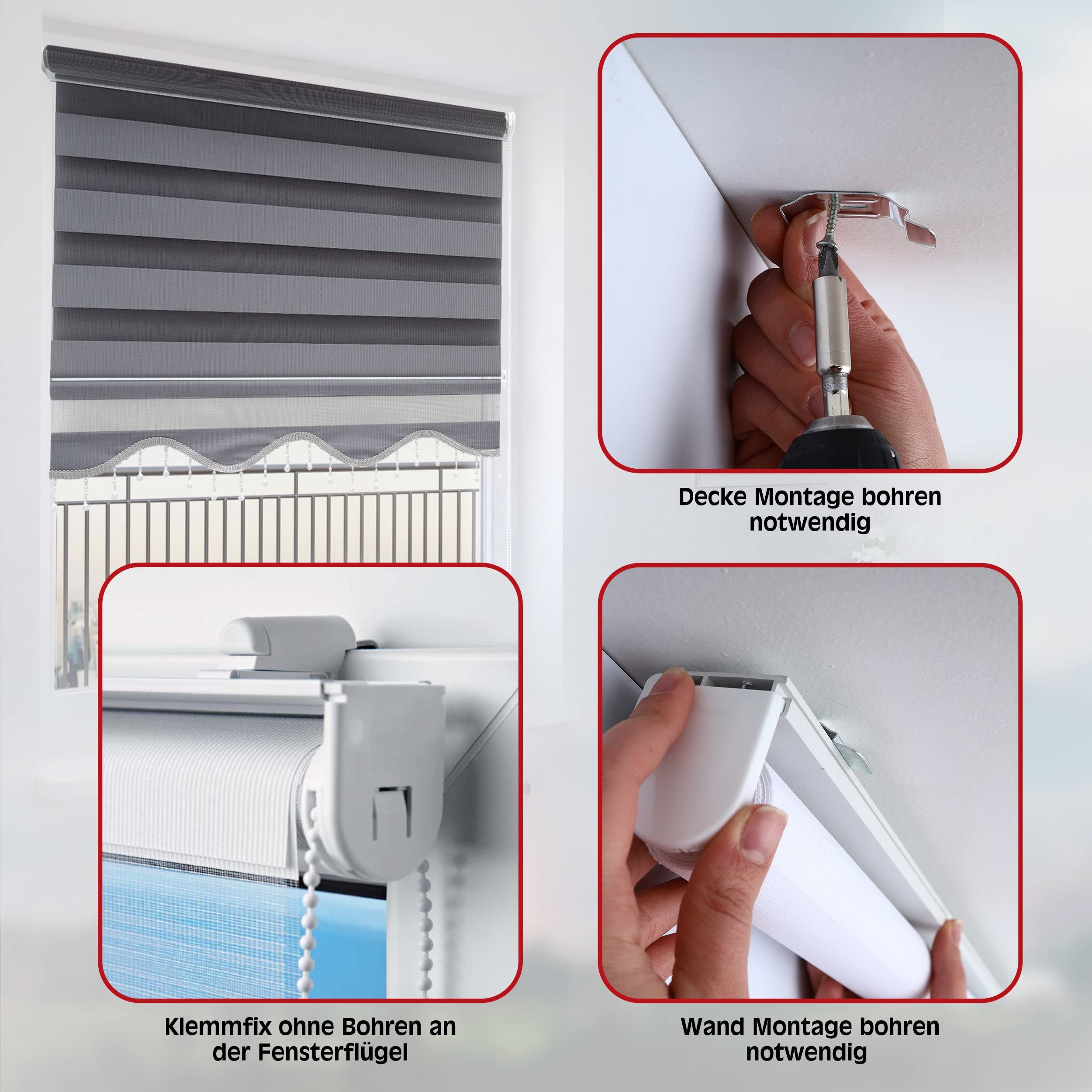 Brillant Doppelrollo Zebra Rollo Grau 110x200 cm Klemmfix