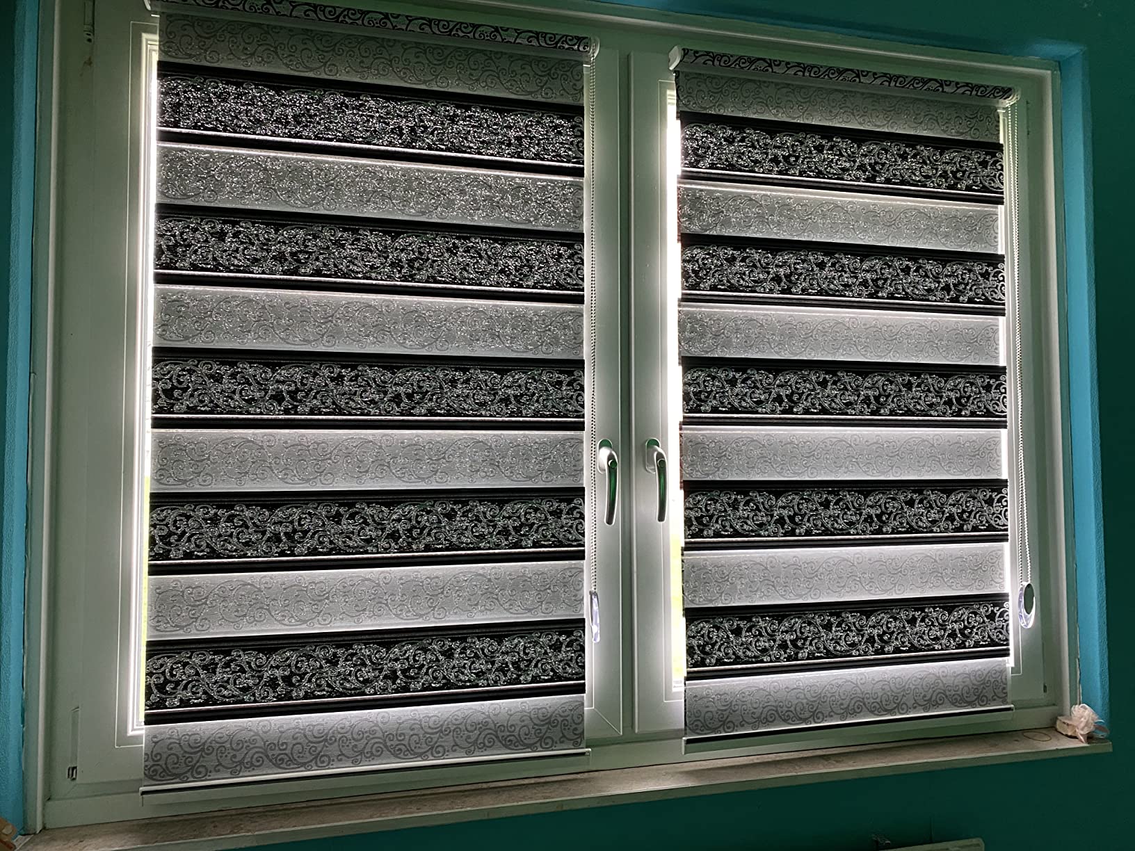 Brillant Doppelrollo Klemmfix 100x150 Weiß-Silber Ornament