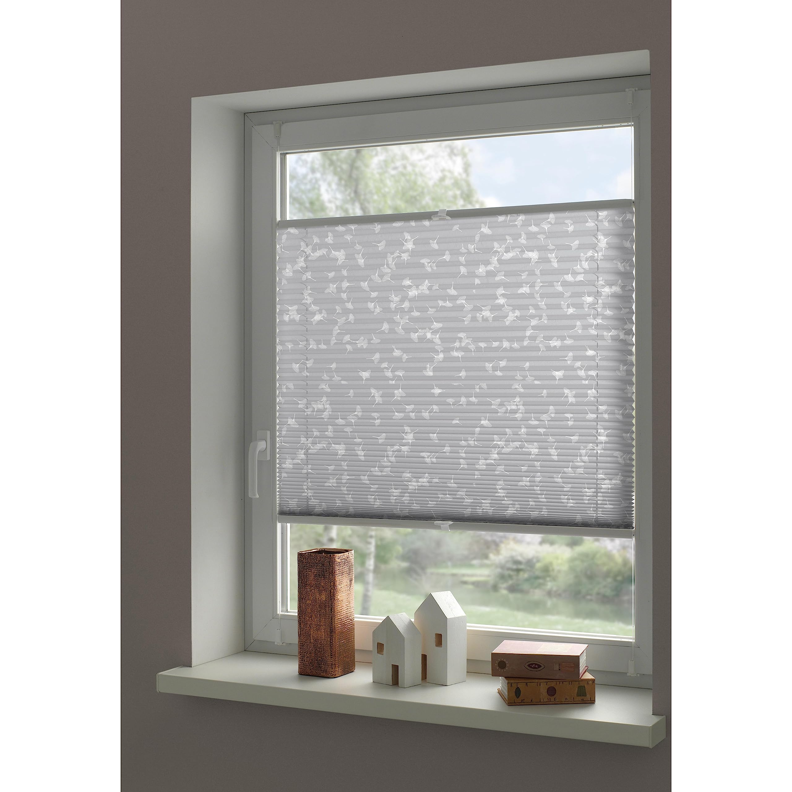 GARDINIA EASYFIX Japandi Ginkgo Plissee Grau-Weiß 80x130 cm
