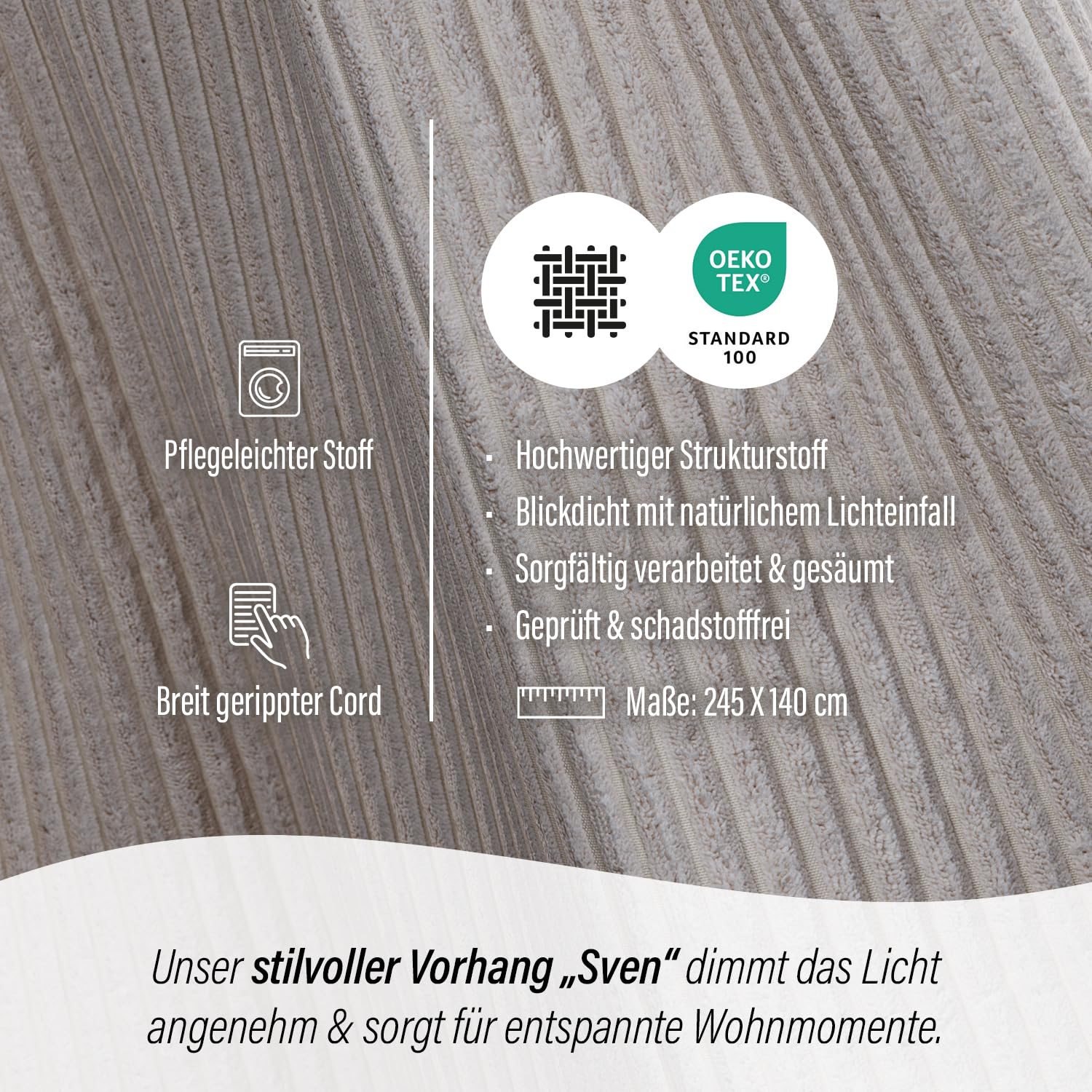 Homing Sven Cord-Vorhang beige 140x245 cm blickdicht