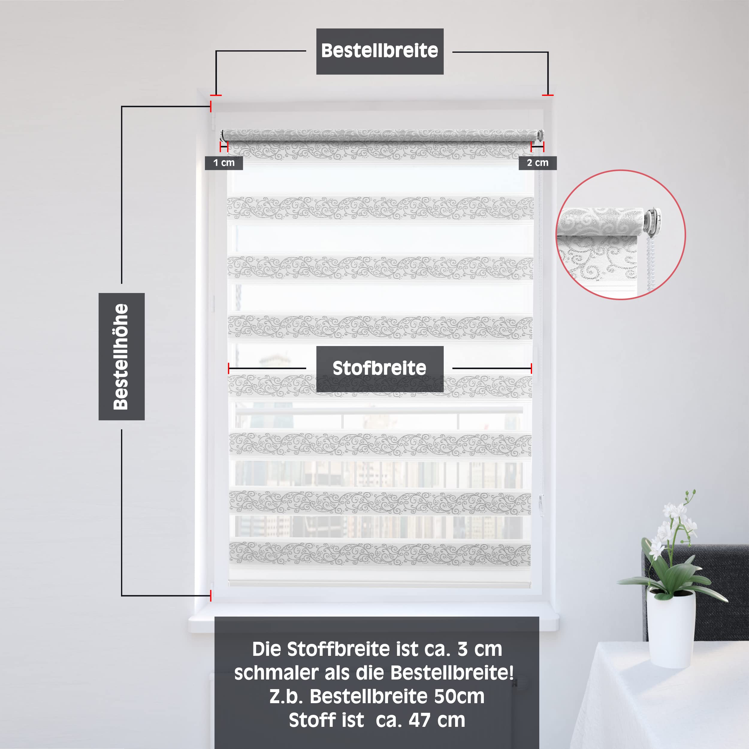Brillant Doppelrollo Klemmfix 100x150 Weiß-Silber Ornament
