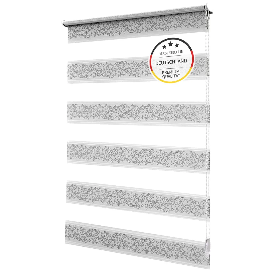 Brillant Doppelrollo Klemmfix 100x150 Weiß-Silber Ornament